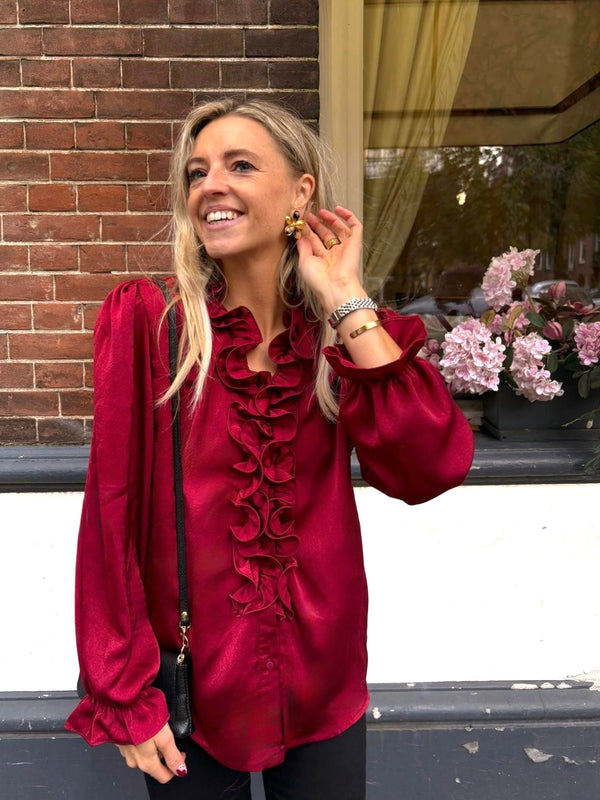Elegante Wine Red Ruffle Blouse