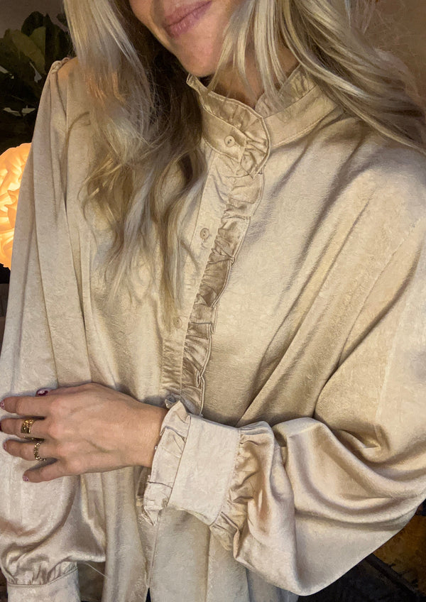 Champagne Chique Satin Ruffle blouse
