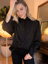 Black Chique Satin Ruffle blouse