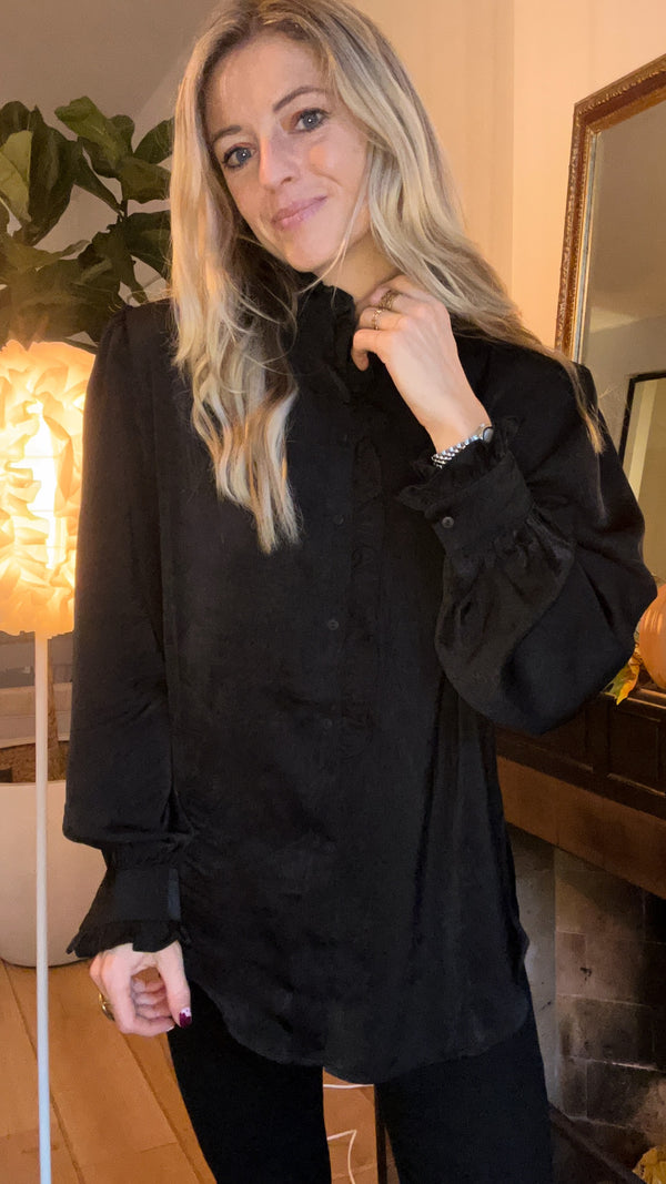 Black Chique Satin Ruffle blouse