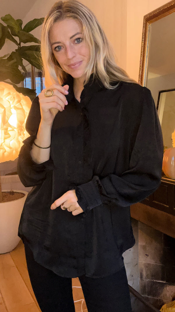 Black Chique Satin Ruffle blouse