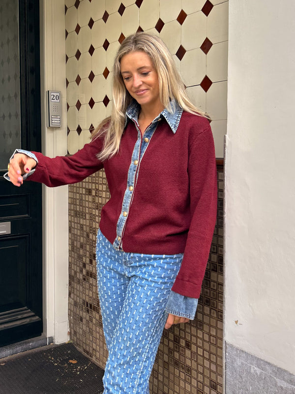 Soft Knitted Denim Cardigan - Burgundy Red