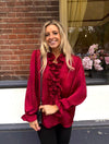 Elegante Wine Red Ruffle Blouse