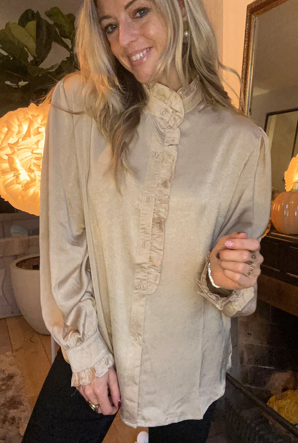Champagne Chique Satin Ruffle blouse
