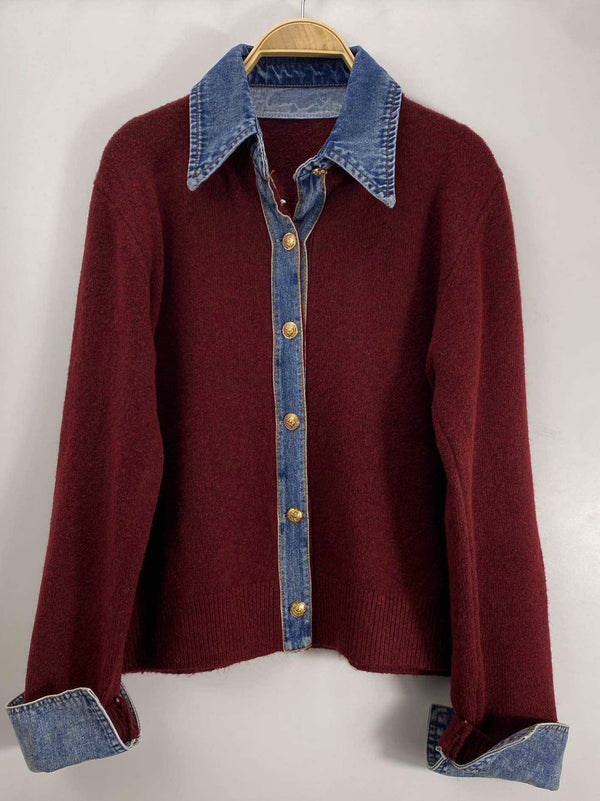 Soft Knitted Denim Cardigan - Burgundy Red