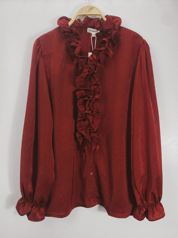 Elegante Wine Red Ruffle Blouse