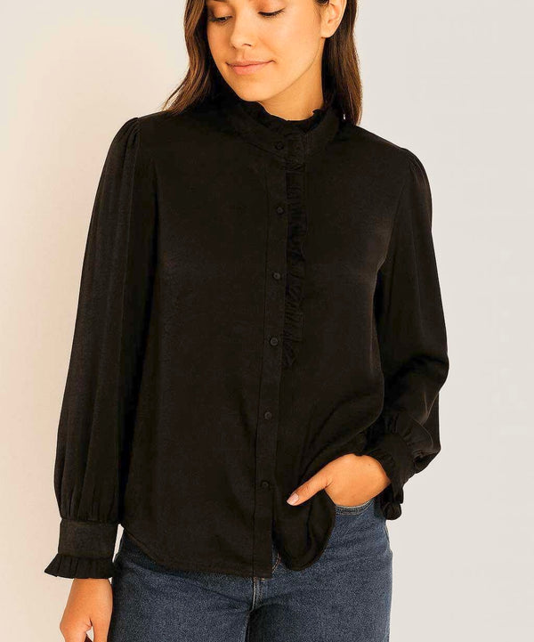 Black Chique Satin Ruffle blouse