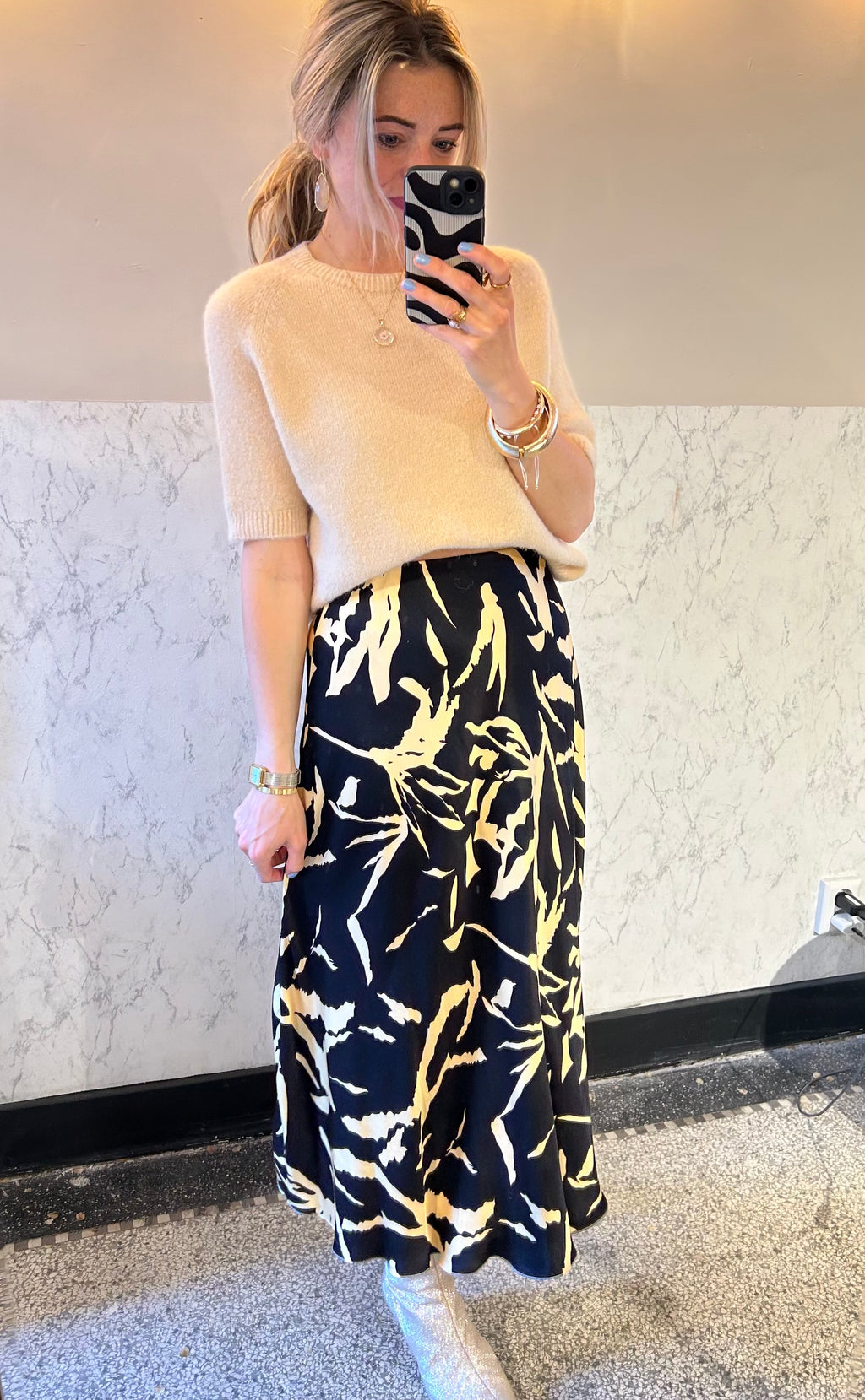 Satin Skirt - Black statement Printed Skirt