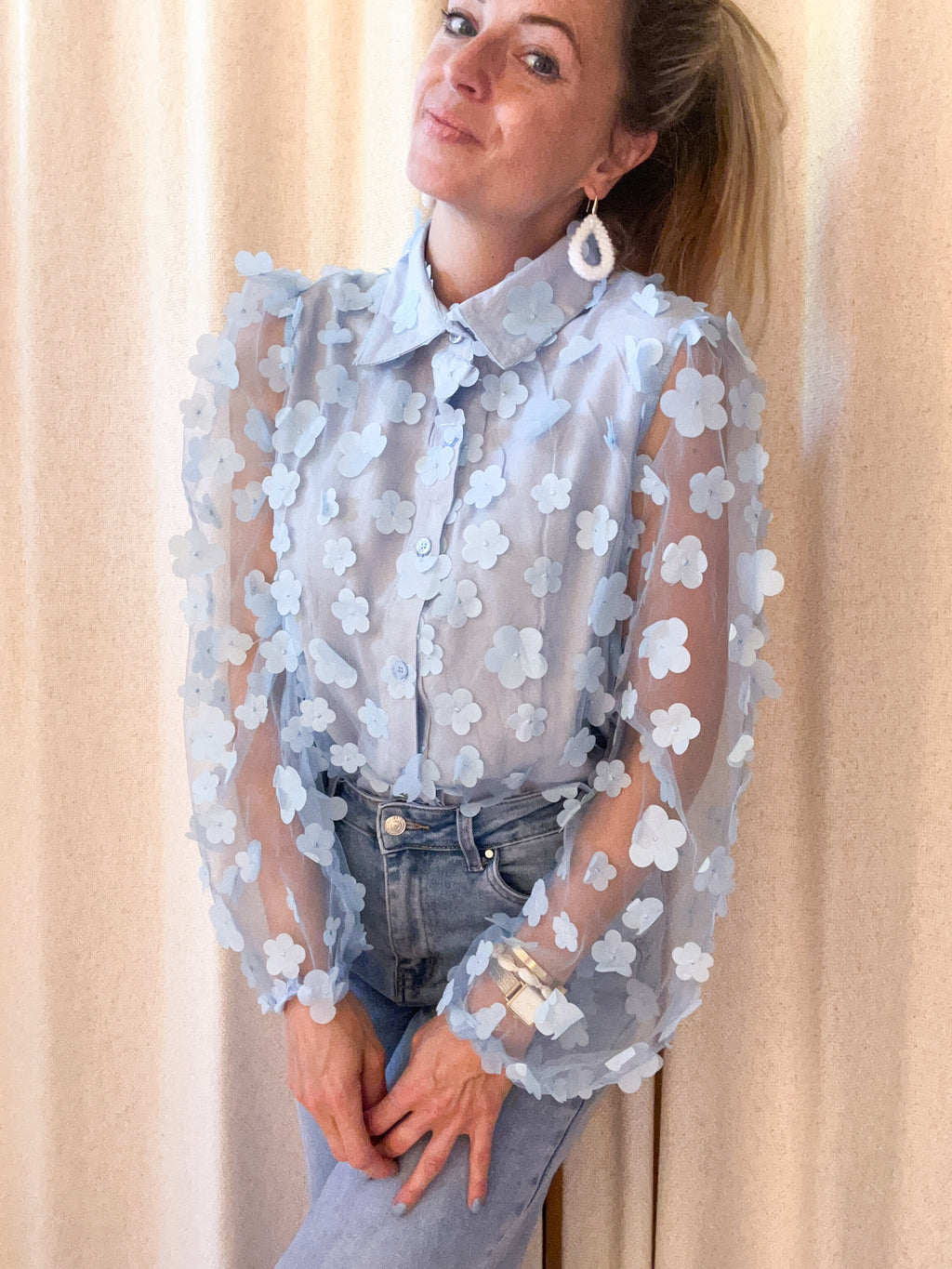 Floral Bloom sheer LightBlue blouse 🩵