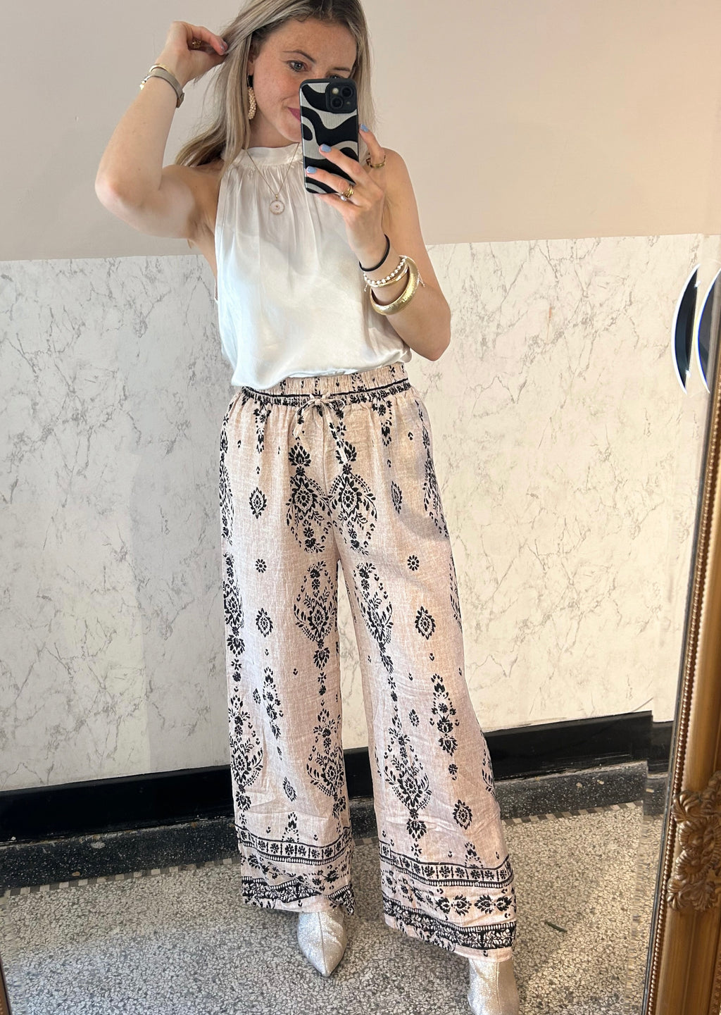 Sand / Black colored Printed Summer pants