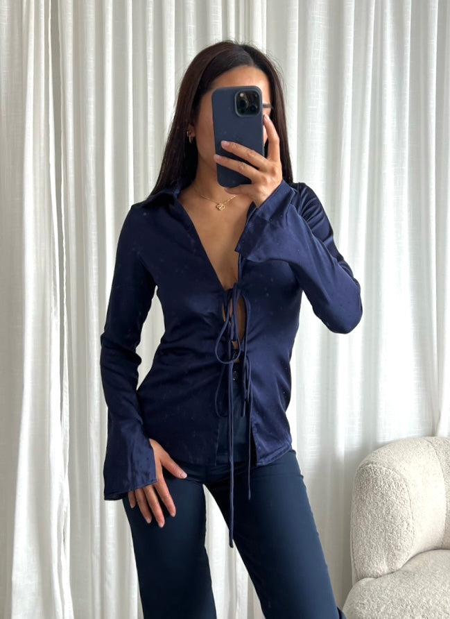 Navy Blue Satin Blouse strass / Bowtie