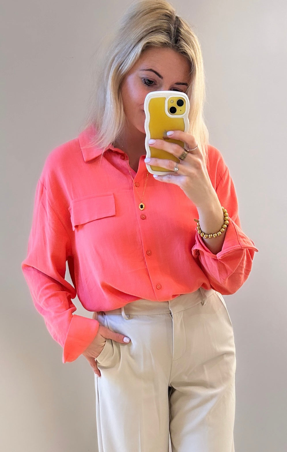 Linen Blouse Shirt - Coral red