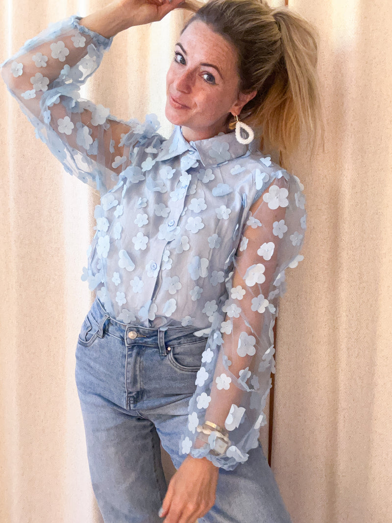Floral Bloom sheer LightBlue blouse 🩵