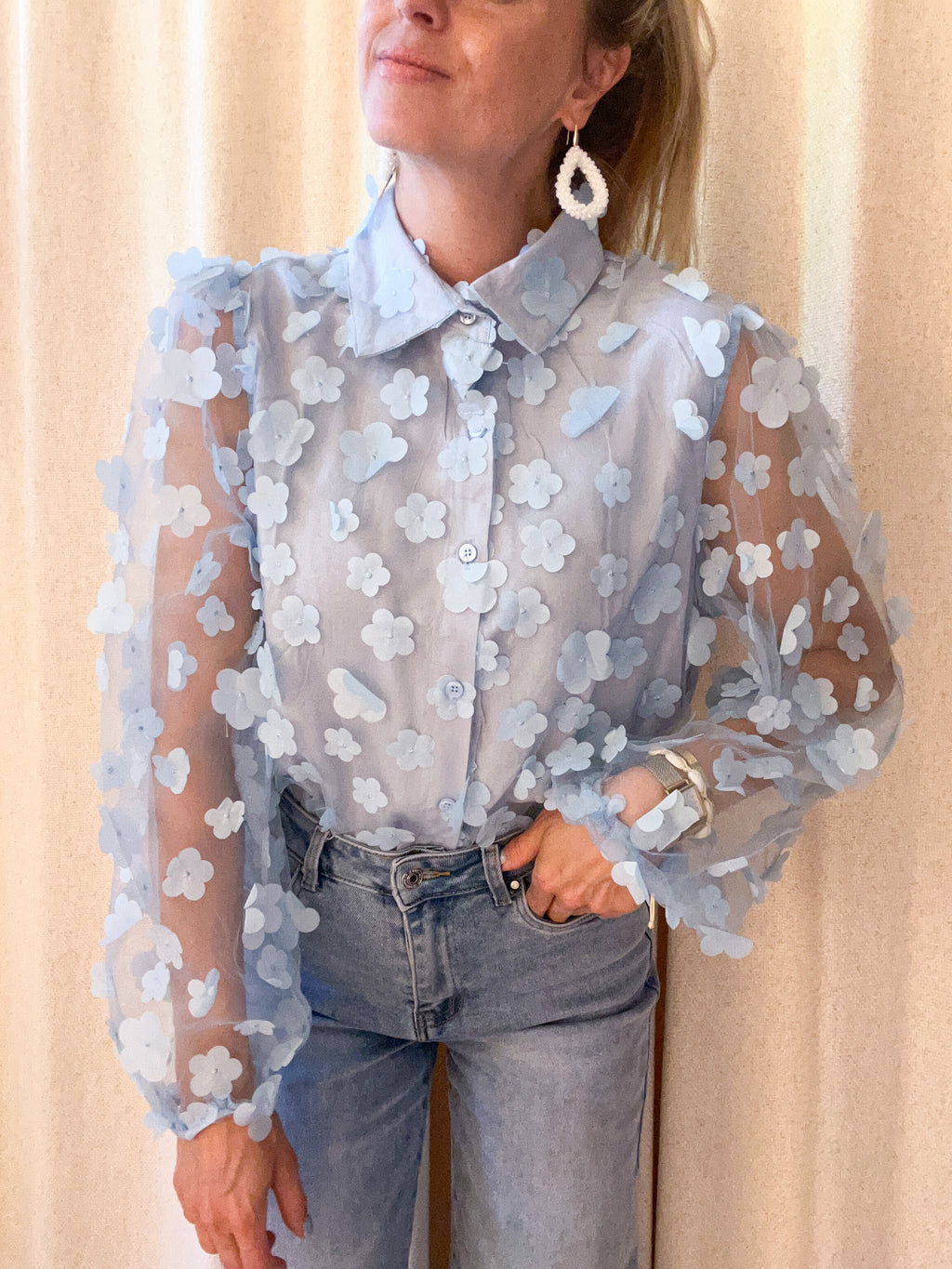 Floral Bloom sheer LightBlue blouse 🩵