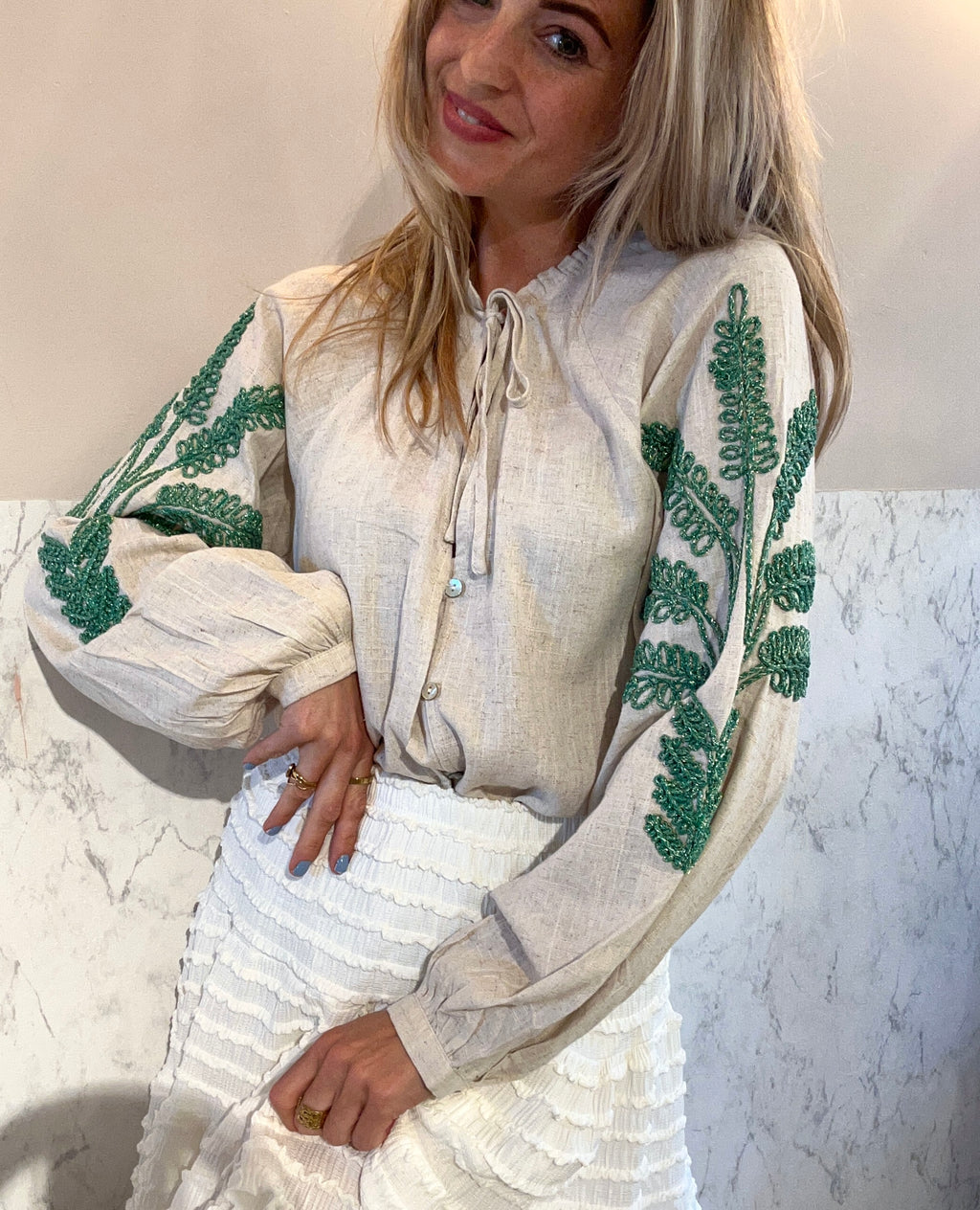 Sand Linen Balloon sleeve bls / Green