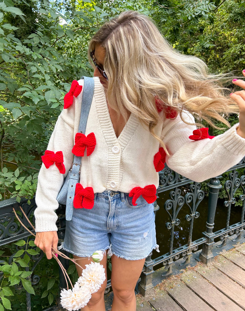 Lovely Bow Cardigan - Red & Crème