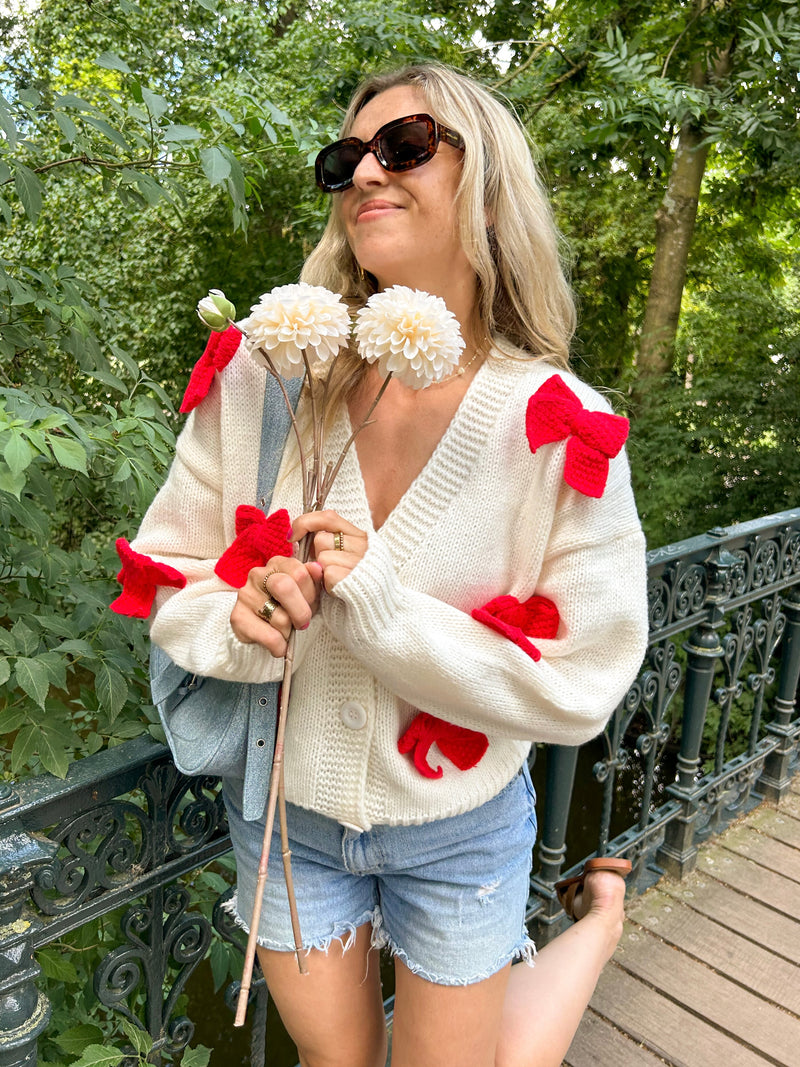 Lovely Bow Cardigan - Red & Crème