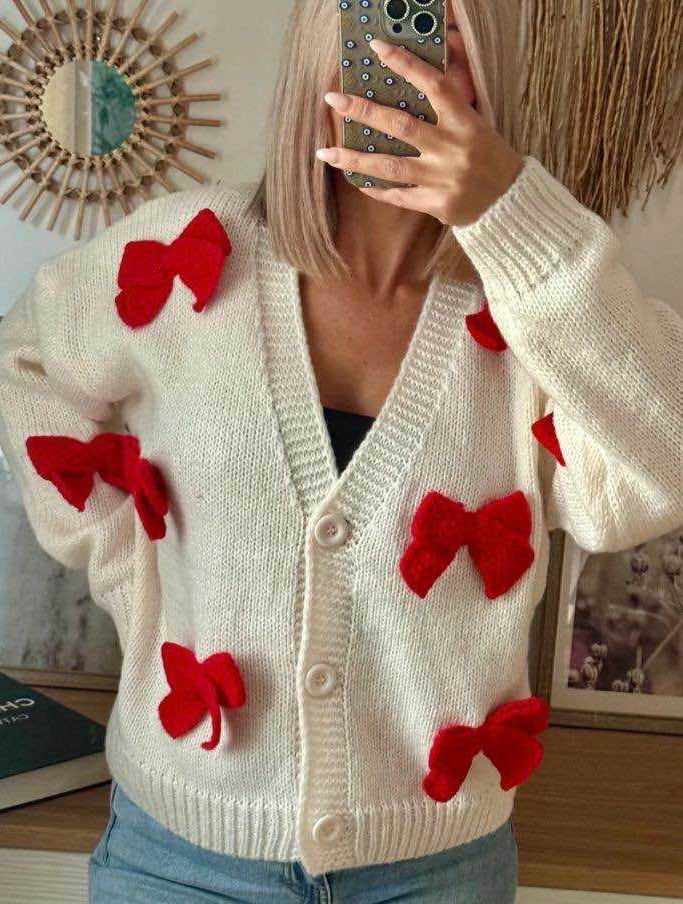 Lovely Bow Cardigan - Red & Crème