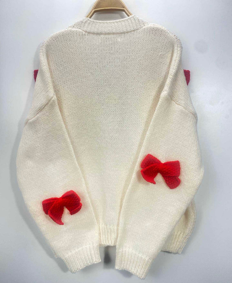 Lovely Bow Cardigan - Red & Crème
