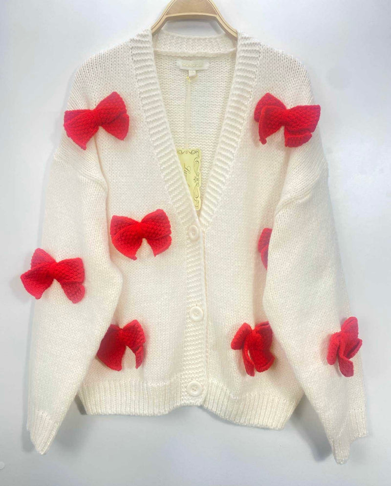 Lovely Bow Cardigan - Red & Crème