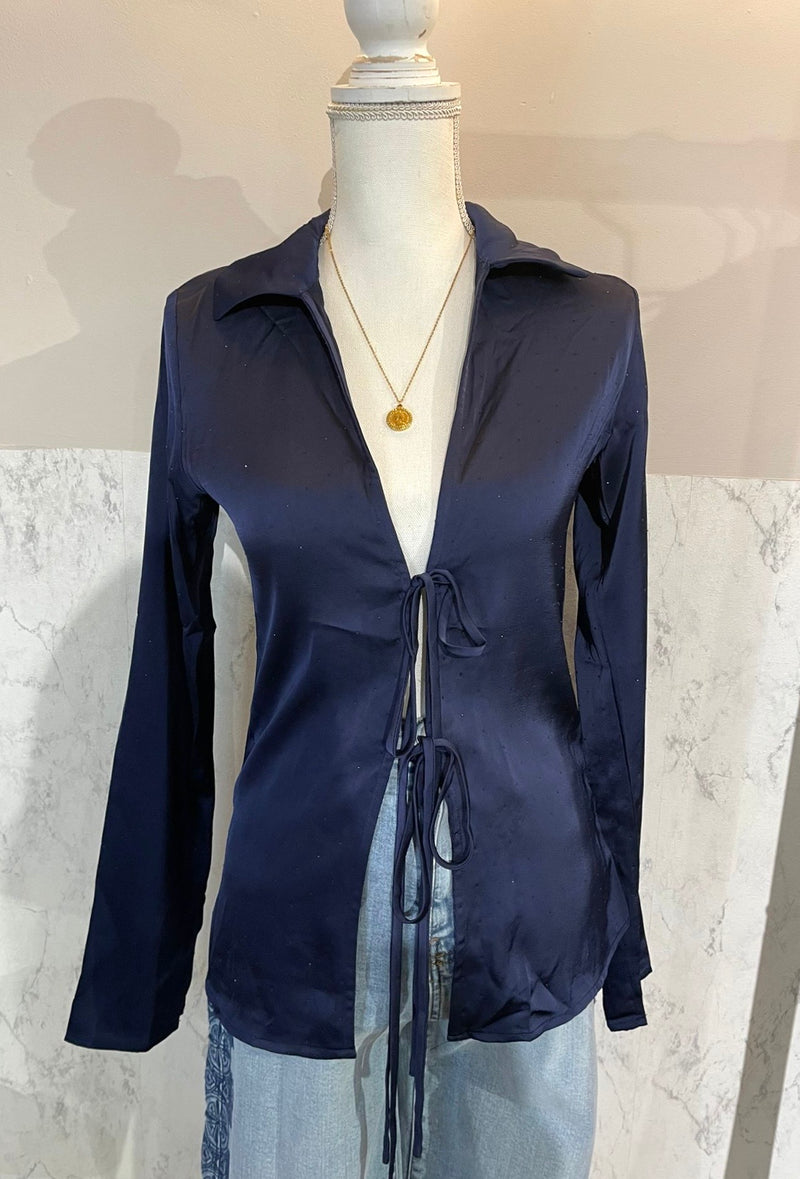 Navy Blue Satin Blouse strass / Bowtie